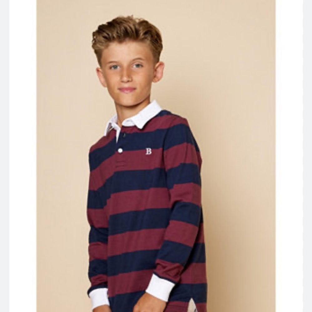 NWT B by Brooks Brothers Burgundy and Navy Striped Rugby Shirt Classic Preppy